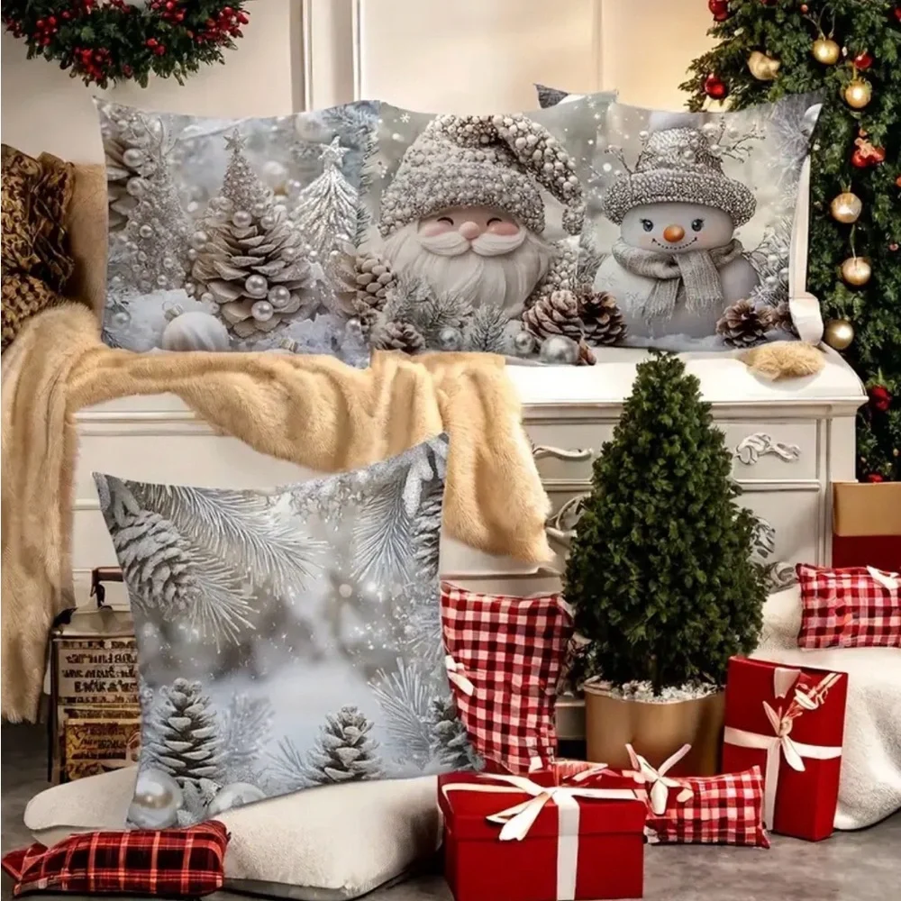 (New in Package)4 Pk Festive Holiday Pillow Cover Set with Santa and Snowman